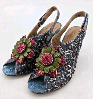 L'artiste Arautre Artsy Boho Floral Art To Wear Slingback Heel Shoe Sz 35 US 5